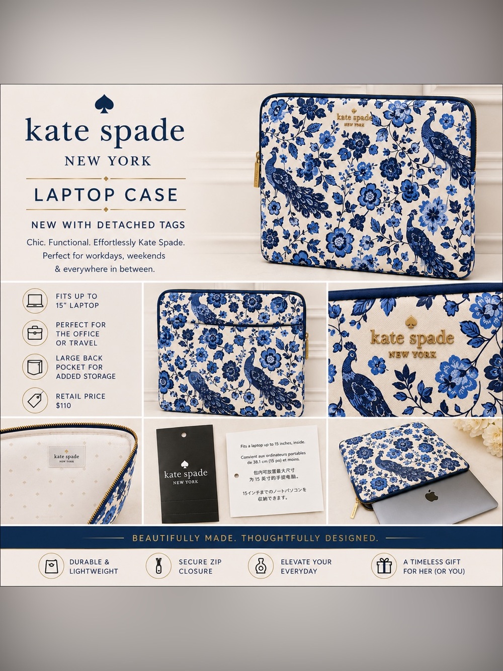 kate spade Madison Peacock 15” Floral Laptop Sleeve in Blue Multi Style KH775